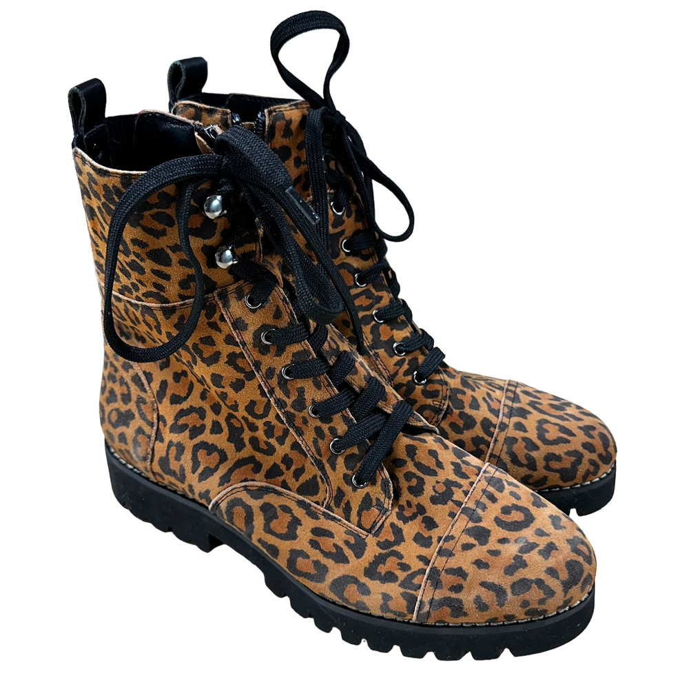 Donald Pliner EASE Natural Leopard Lace Up Side Zip Boot Women's Size 7.5M NWOB